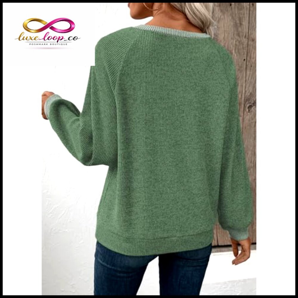 Patchwork V-Neck Sweatshirt Oversized Pullover Ca… - image 6